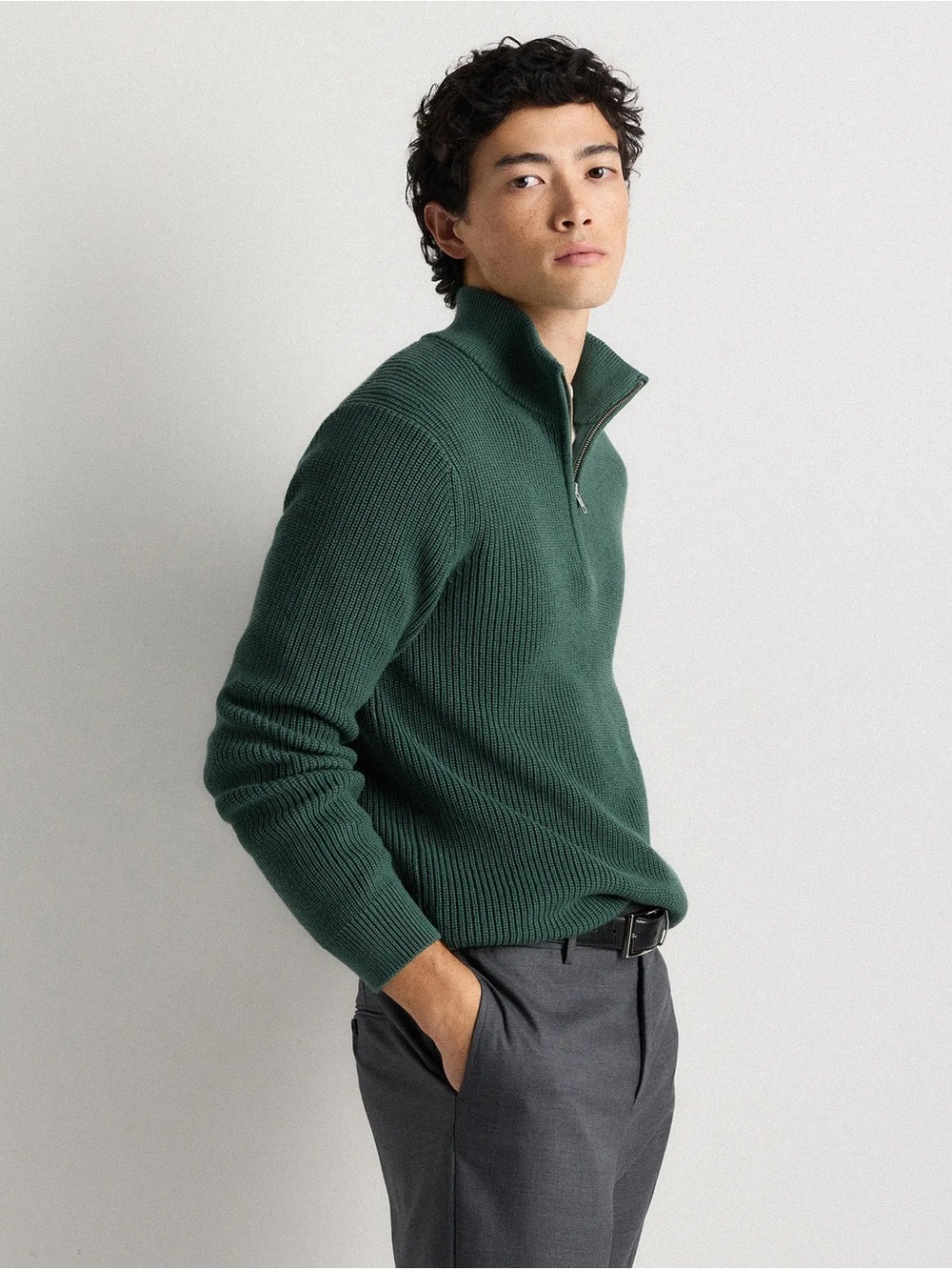 quince — organic cotton ribbed quarter-zip sweater in big sur green - Picture 2 of 5